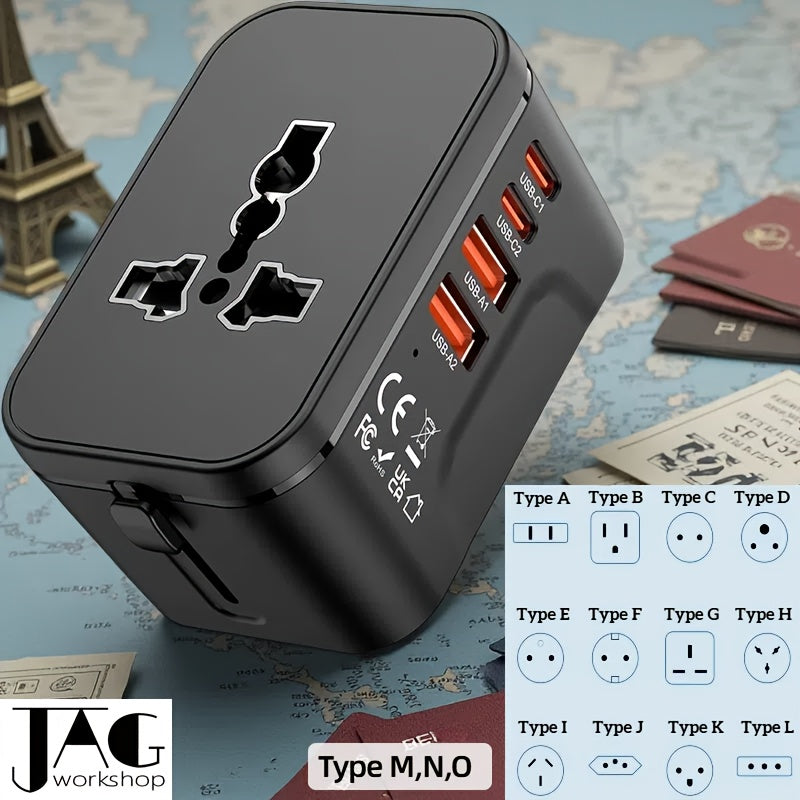 محول سفر معتمد، 2 منفذ USB A + 2 منفذ USB C، شحن سريع بـ 4 منافذ، مقابس أمريكا / أوروبا / المملكة المتحدة / أستراليا، تصميم شامل لجميع الهواتف والأجهزة اللوحية، يغطي أكثر من 150 دولة، هدايا عيد الميلاد لـ iPhone و Xiaomi و Android و iPad وغيرها