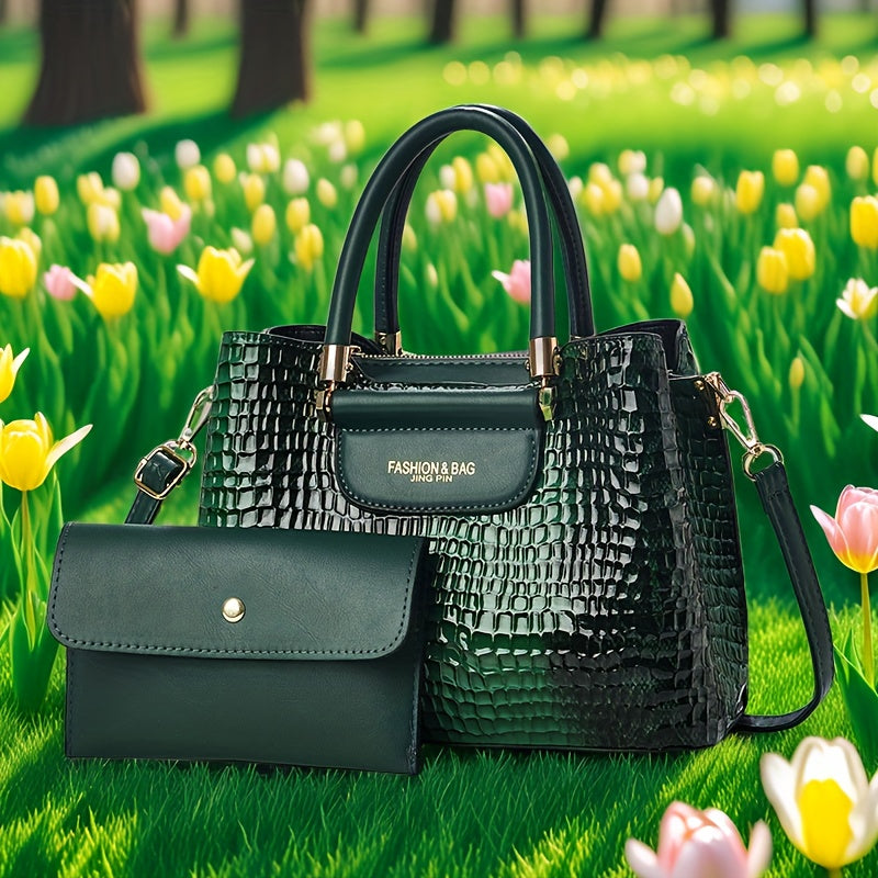 حقيبة يد نسائية أنيقة بتصميم جلد التمساح الأحمر - سعة كبيرة، حزام قابل للتعديل، إغلاق بسحاب مع محفظة مطابقة - مثالية للخروجات اليومية والمناسبات والحفلات، إكسسوارات الأمتعة