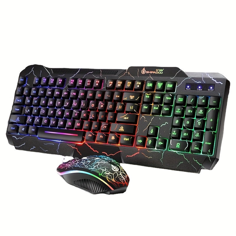 لوحة مفاتيح الألعاب 4D المضيئة بشخصيات متشققة ومتدفقة، لوحة مفاتيح مضيئة بإضاءة خلفية ملونة، كشف الحركة البصري، مجموعة لوحة مفاتيح وماوس