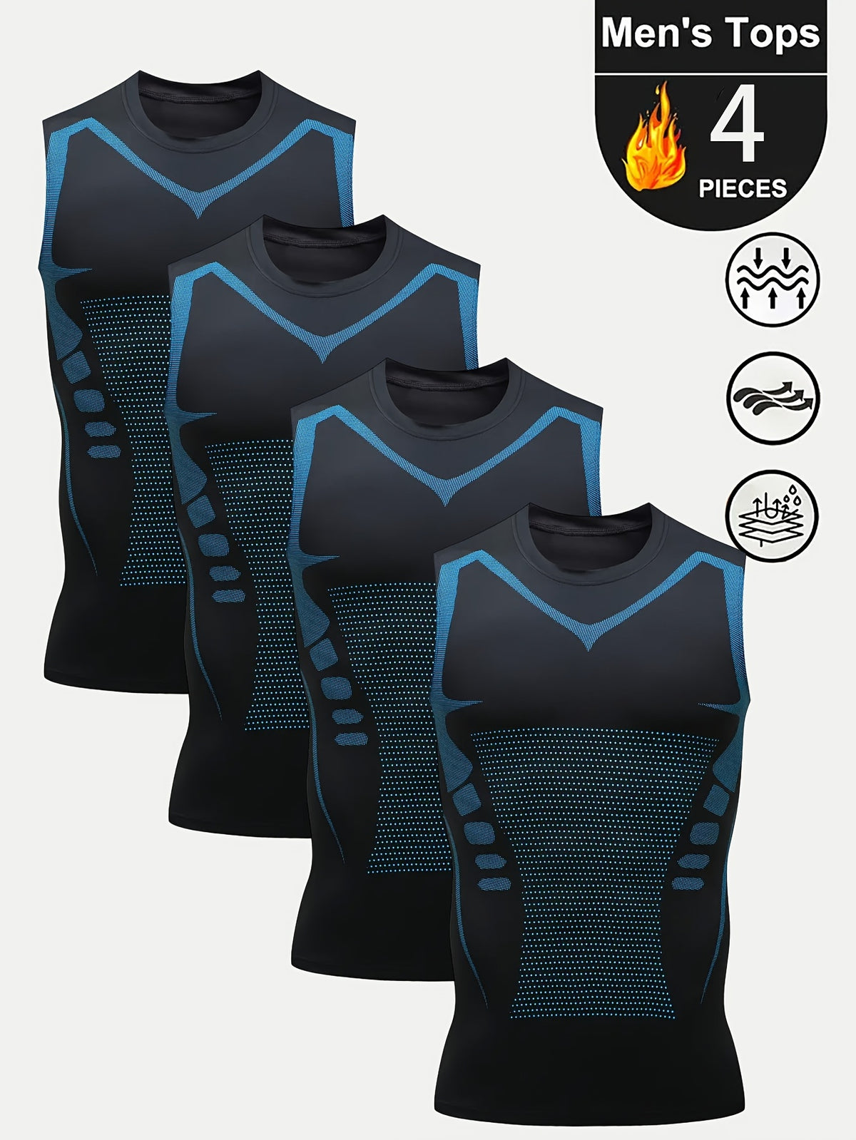 4 قطع من الصدريين الضاغطة بدون أكمام للرجال - سريعة الجفاف، قابلة للتنفس، تصميم هندسي، قابلة للتمدد وتناسب ضيق للتمارين الضاغطة واللياقة البدنية والملابس الرياضية