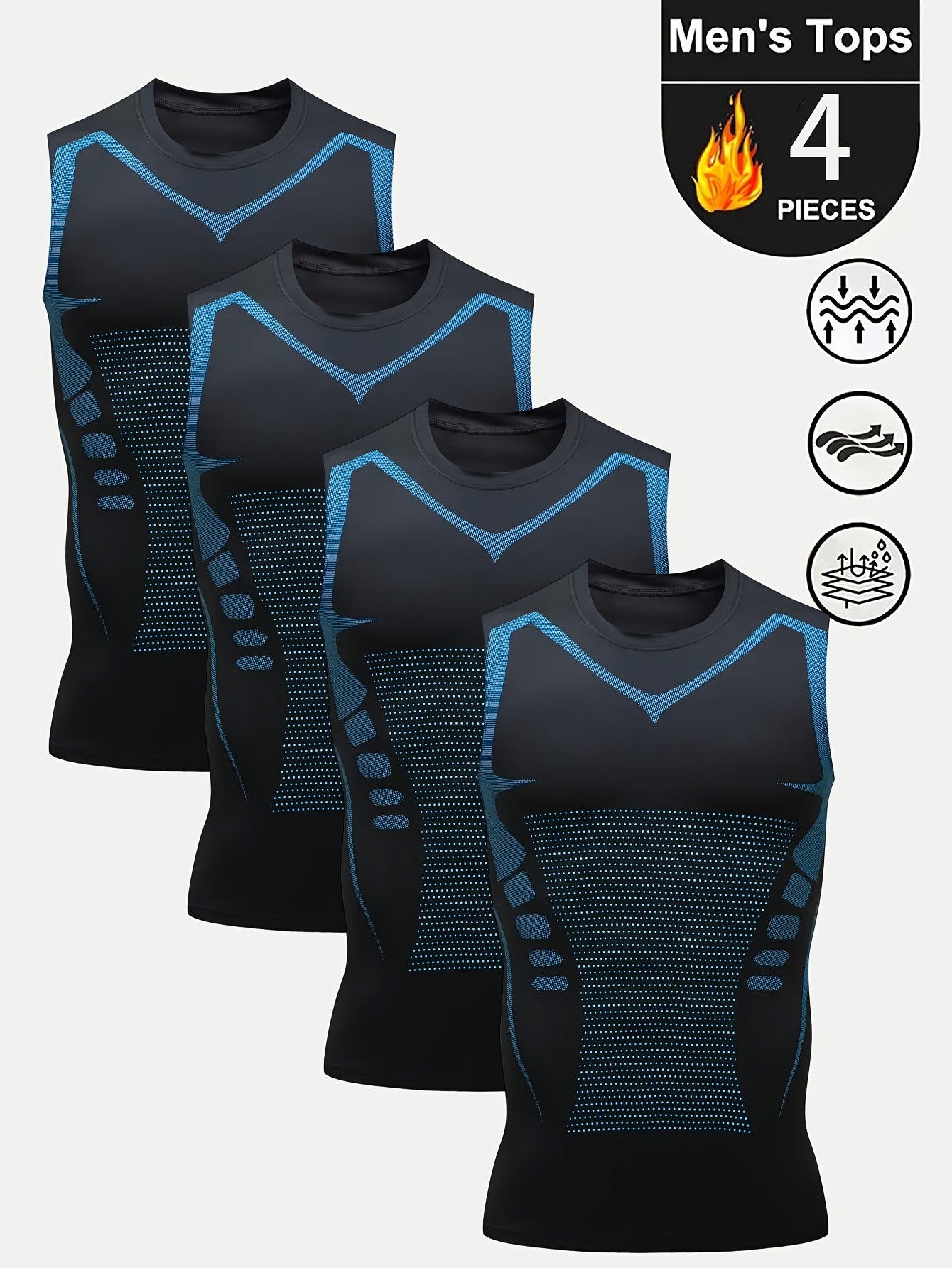 4 قطع من الصدريين الضاغطة بدون أكمام للرجال - سريعة الجفاف، قابلة للتنفس، تصميم هندسي، قابلة للتمدد وتناسب ضيق للتمارين الضاغطة واللياقة البدنية والملابس الرياضية