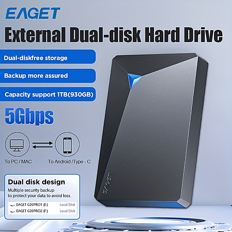 قرص صلب خارجي EAGET بسعة 1TB، جهاز تخزين محمول USB 3.0، HDD ميكانيكي نحيف 2.5 بوصة بتقنية TBBKR1، Plug & Play لأجهزة PC, Mac, Laptop, PS4, Xbox One & 360، تصميم آمن للنسخ الاحتياطي والوقاية من الفقدان، قرص تخزين محمول