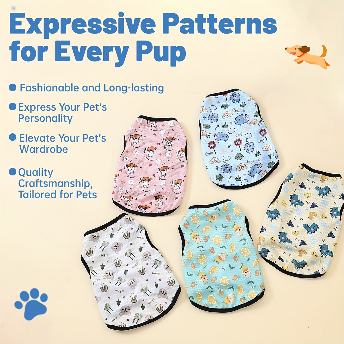 5 عبوات من ملابس الحيوانات الأليفة الصيفية الرقيقة الكرتونية للكلاب، سترة قابلة للتنفس للقطط، الكورجي، البيشون، تيدي، بوليستر 100%، غسل يدوي فقط، بلوفر، مناسب للصغر إلى الكبير، منسوج، ملابس للربيع/الخريف/الصيف