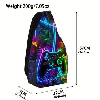 حقيبة صدر مطبوعة بتصميم ألعاب نيون لرجال - حقيبة تخزين هاتف وعملات معدنية للأنشطة الرياضية الخارجية مع إغلاق بسحاب، وتصميم متين من البوليستر، مثالية للألعاب والاستخدام اليومي، إكسسوار للألعاب | تصميم مطبوع نيون | حقيبة للألعاب