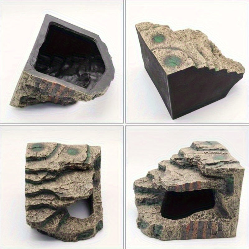 منصة استحمام للسلحفاة من الراتنج الطبيعي مع كهف للخوف - تصميم متعدد المستويات للثعابين والزواحق والضفادع والقمم - زخرفة حوض السمك والأكواريوم متينة مع سطح محكم وأクセس أخضر، بيئة للزواحق، ميزة التسلق للزواحق، بيئة واقعية، بناء متين