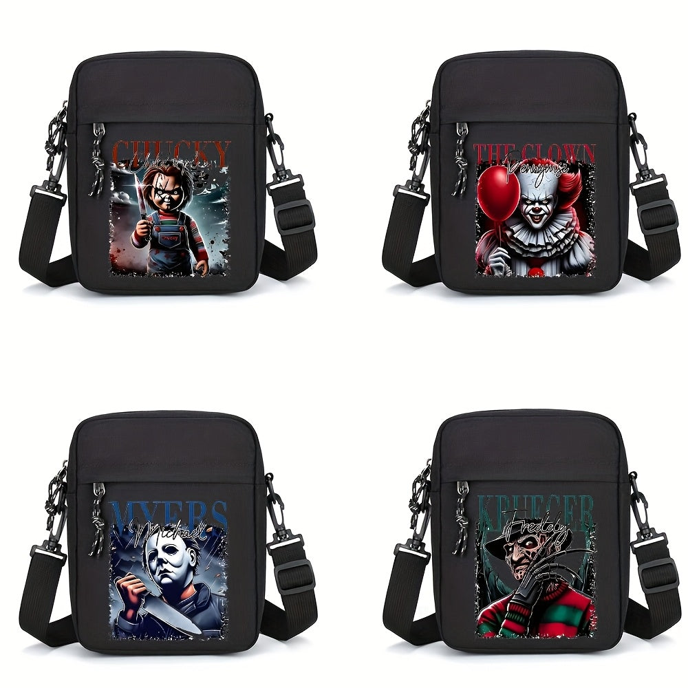 حقيبة كتف أوكسفورد للرجال بتصاميم شخصيات أفلام الرعب - أسود، حزام قابل للتعديل، للتنقل اليومي والاستخدام العادي، حقيبة يومية|حقيبة ذات طابع رعب|حقيبة أوكسفورد متينة، حقيبة كتف للاستخدام اليومي