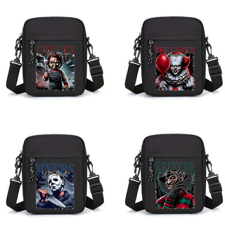 حقيبة كتف أوكسفورد للرجال بتصاميم شخصيات أفلام الرعب - أسود، حزام قابل للتعديل، للتنقل اليومي والاستخدام العادي، حقيبة يومية|حقيبة ذات طابع رعب|حقيبة أوكسفورد متينة، حقيبة كتف للاستخدام اليومي