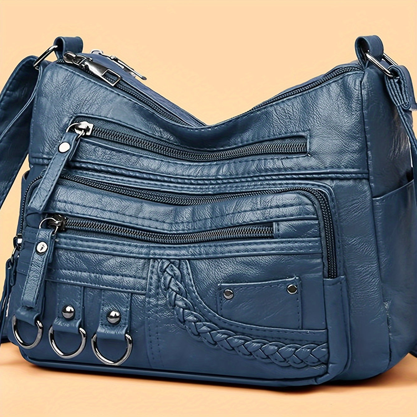 حقيبة كروس نسائية ذات سعة كبيرة مع كتف ناعم ومتعدد الجيوب، إغلاق بسحاب، تفاصيل مضفرة، حزام قابل للتعديل، نمط عتيق، خفيفة الوزن، قابلة للغسل في الغسالة، حقيبة كتف يومية | حقيبة نمط عتيق | حقيبة كروس نسائية من المادة الصناعية الناعمة