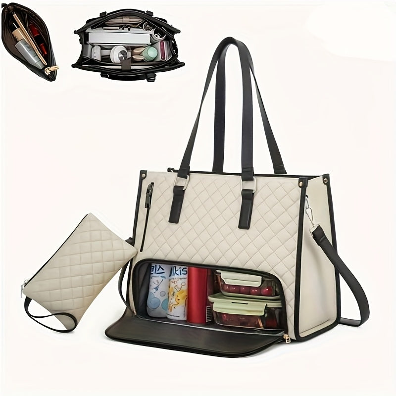 حقيبة غداء معزولة بسعة كبيرة للنساء 2 في 1 وحقيبة كمبيوتر كروس بادي - تصميم مخطط باللون الأسود مع عدة أقسام، إغلاق بسحاب، وحزام كتف قابل للتعديل للعمل أو السفر، حقيبة غداء معزولة، التنقل، نمط بسيط، بطانة قماشية متينة