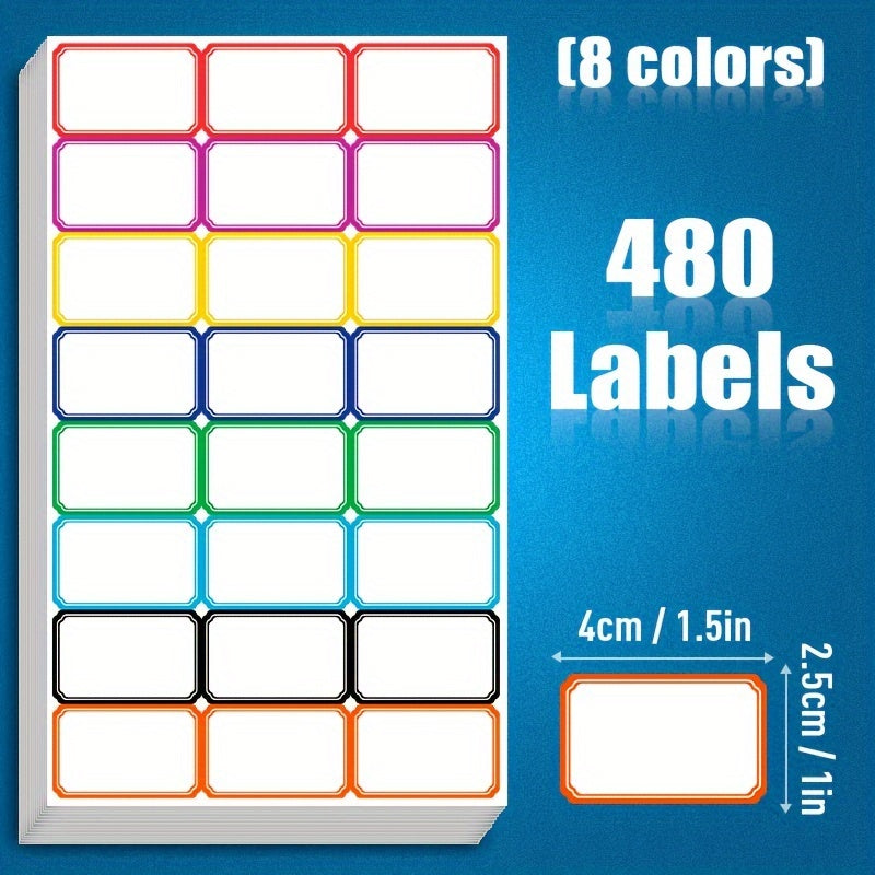 4x2.5سم 480 ملصق 8 ألوان فارغة قابلة للكتابة والطباعة ملصقات شارات الأسماء ذاتية اللصق، بطاقات حدود ملونة للمكتب، المدرسة - بطاقات فئة للتنظيم والتعريف