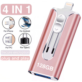 128 جيجابايت و 64 جيجابايت منفذ فلاش 3.0 عالي السرعة 4 في 1 عصا USB تخزين خارجي لهواتف Iphone و PC و Ipad و Android وأجهزة أخرى لنقل وتخزين الصور والفيديوهات