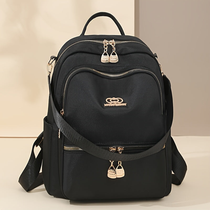 حقيبة ظهر أنيقة من النايلون الأسود للنساء - سعة كبيرة، أحزمة قابلة للتعديل، إغلاق بسحاب - مثالية للمدرسة والسفر والاستخدام اليومي