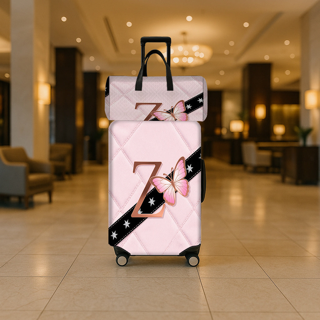 2pcs Travel Suitcase Set with Rose Golden Letter "Z", Pink Butterfly and Black Background Silvery Star Pattern Sweet Romantic Style + Travel Bag Set Suitable for Traveling, Outings, Cool Printed Luggage Handbag Set, Street Trend Elements Full, Let You Eas