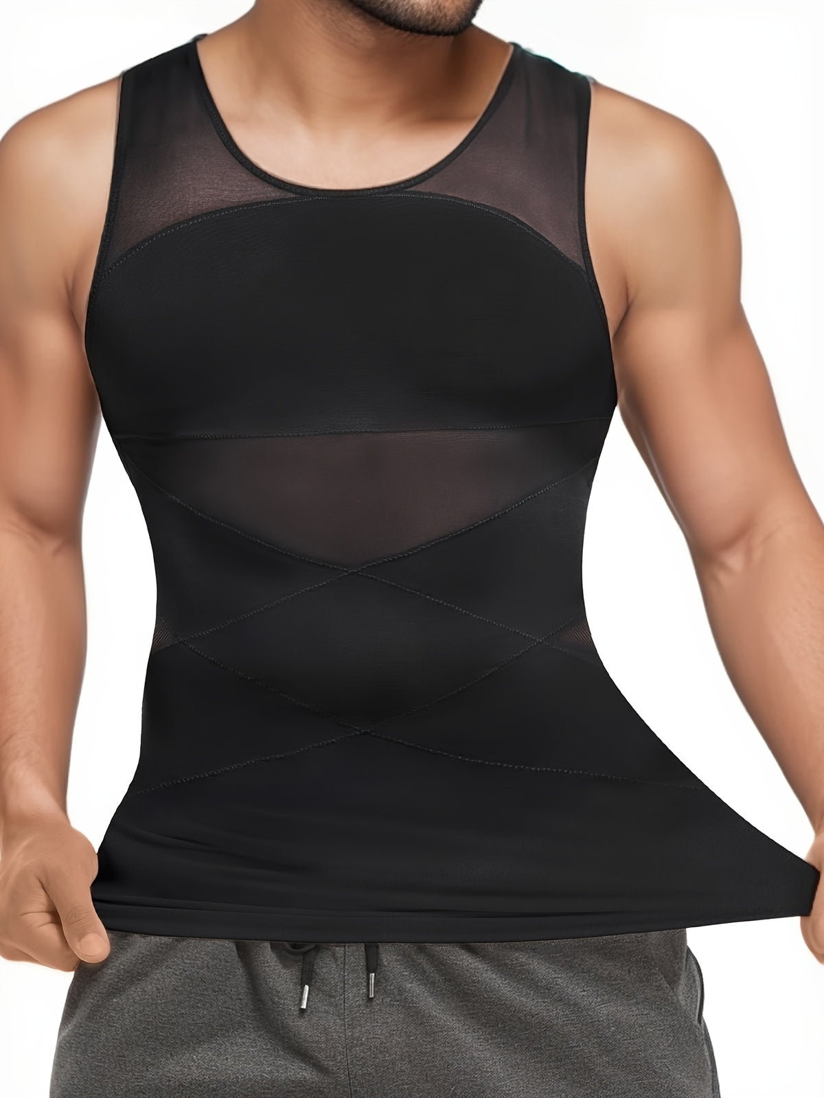 تي شيرت بدون أكمام للرجال من JUNLAN، مصنوع من 88% نايلون و12% سباندكس، قماش محبوك عالي المرونة، سترة ذات لون موحد وياقة دائرية مع تفاصيل شبكية متباينة، تصميم نحيف يناسب جميع المواسم.