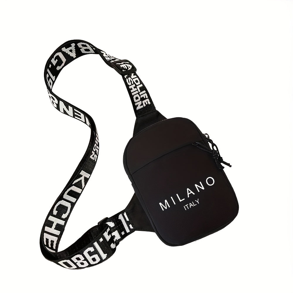 حقيبة كروس للرجال بطباعة ميلانو إيطاليا بأسلوب الثمانينات - حزام خصر متين بتصميم رجعي مع سحاب وقابلية لتعديل الحجم، عدة جيوب للتسوق اليومي والخروجات العادية | حقيبة خصر عصرية | حقيبة بحزام قابل للتعديل