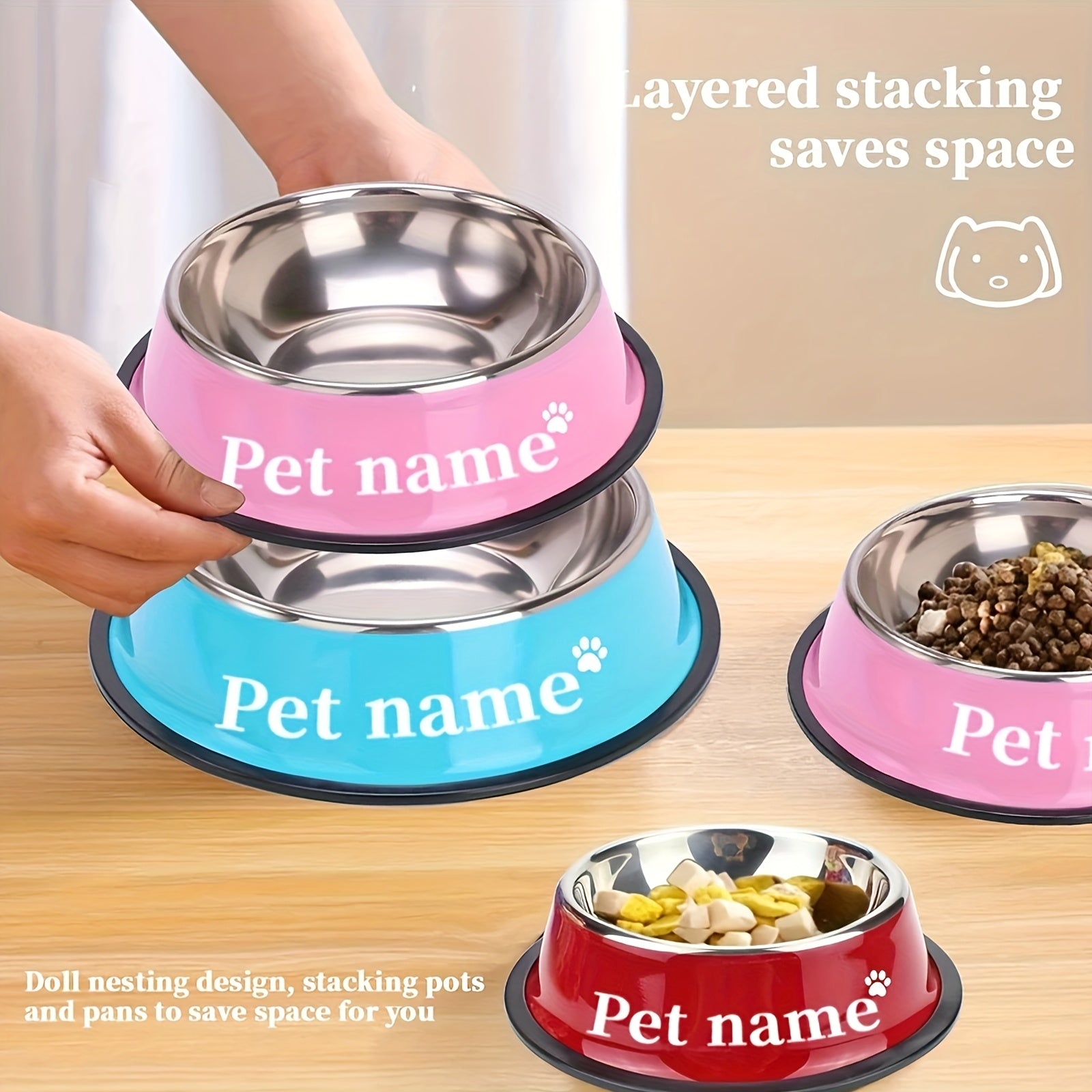 وعاء الحيوانات الأليفة الفولاذ المقاوم للصدأ الشخصي مع قاعدة غير قابلة للانزلاق، أطباق الكلاب المتينة المناسبة للكلاب الصغيرة والمتوسطة والكبيرة، صحن تغذية قابل للتخصيص لطعام ومياه الحيوانات الأليفة