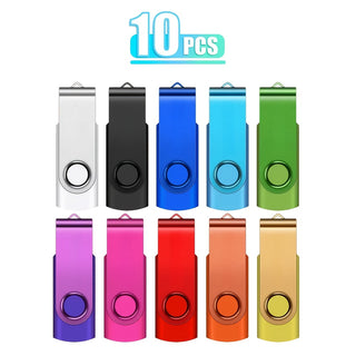مجموعة من 10 قطع أقراص ذاكرة معدنية ملونة قابلة للدوران بسعة 128MB/4GB/8GB/16GB، محرك فلاش USB عالي السرعة مع سلسلة مفاتيح مجانية، تخزين خارجي محمول، هدايا تجارية