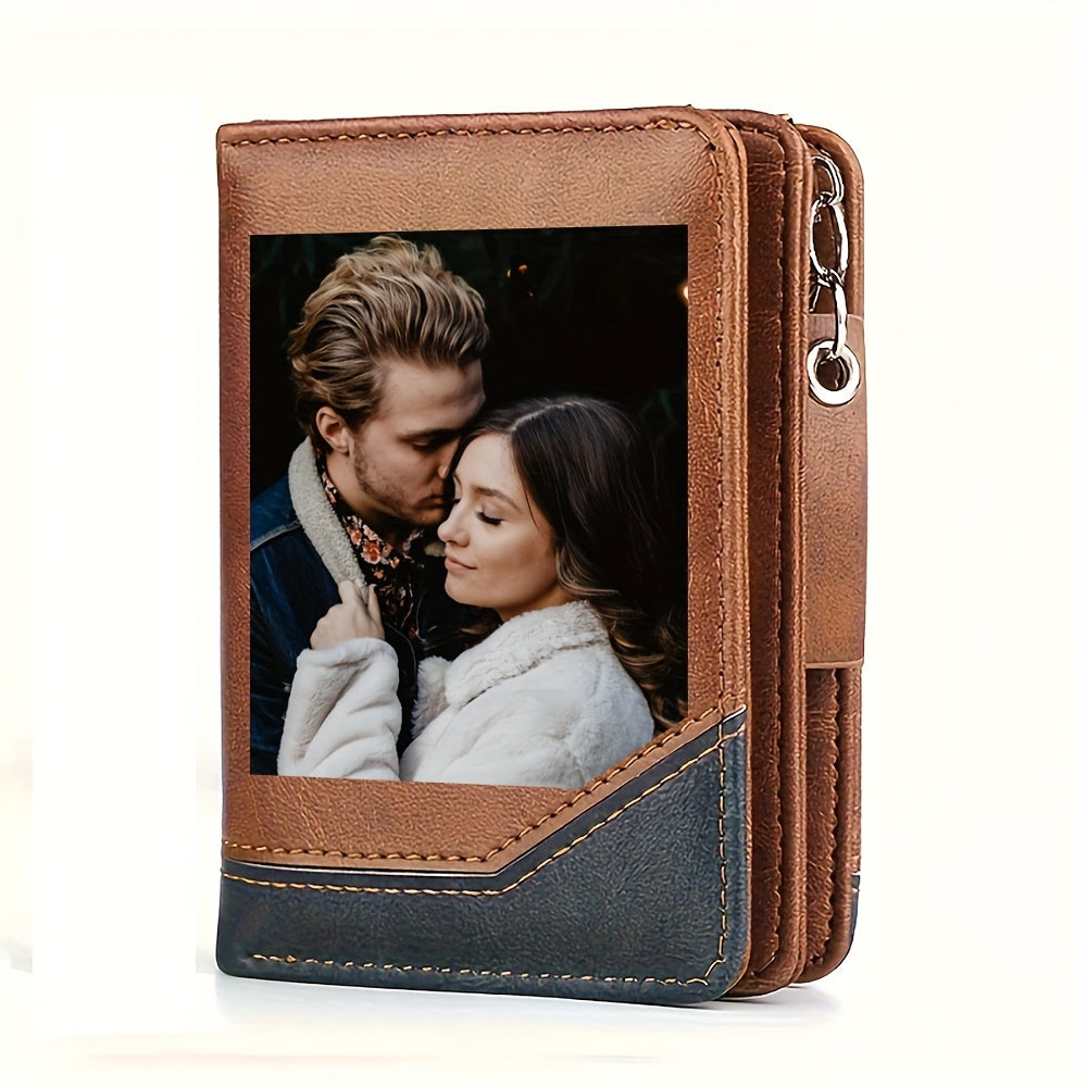 محفظة صور من الجلد الصناعي المخصصة للرجال - تصميم بسحاب مزدوج قابل للطي مع صورة قابلة للتخصيص، هدية مثالية للزوج، الأب، الفتى، أو الابن في أعياد الميلاد، عيد الميلاد، عيد الحب، أو عيد الأب، محفظة