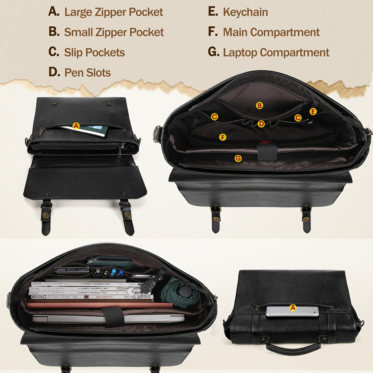 IGOLUMON حقيبة الكمبيوتر المحمول من الجلد الصناعي الرجالي السوداء - كبيرة، متينة من الجلد الصناعي الصناعي مع حزام قابل للتعديل، مثالية للمكتب والأعمال والسفر، حقيبة المكتب | حقيبة كلاسيكية | مقبض متين، حقيبة الكمبيوتر المحمول