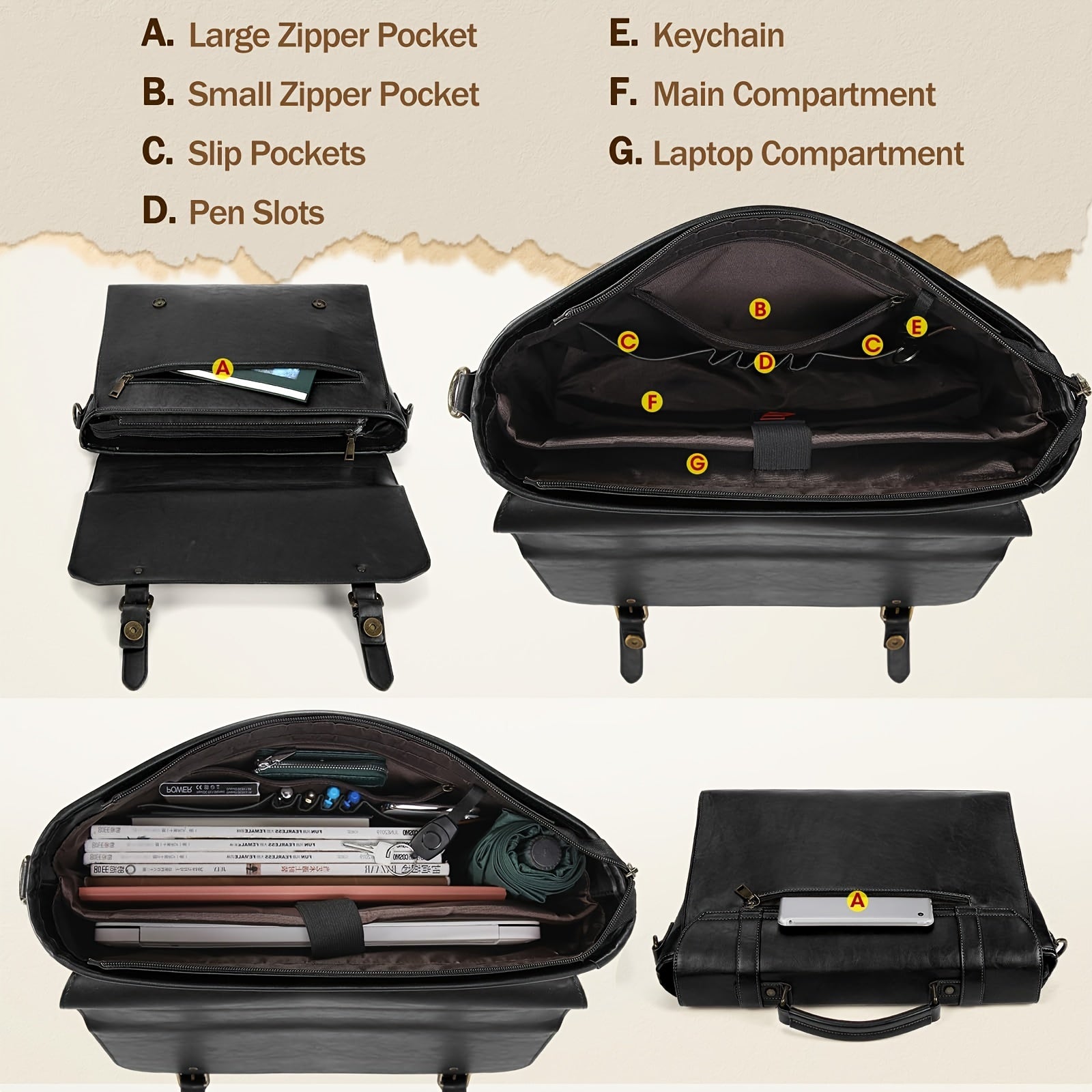 IGOLUMON حقيبة الكمبيوتر المحمول من الجلد الصناعي الرجالي السوداء - كبيرة، متينة من الجلد الصناعي الصناعي مع حزام قابل للتعديل، مثالية للمكتب والأعمال والسفر، حقيبة المكتب | حقيبة كلاسيكية | مقبض متين، حقيبة الكمبيوتر المحمول