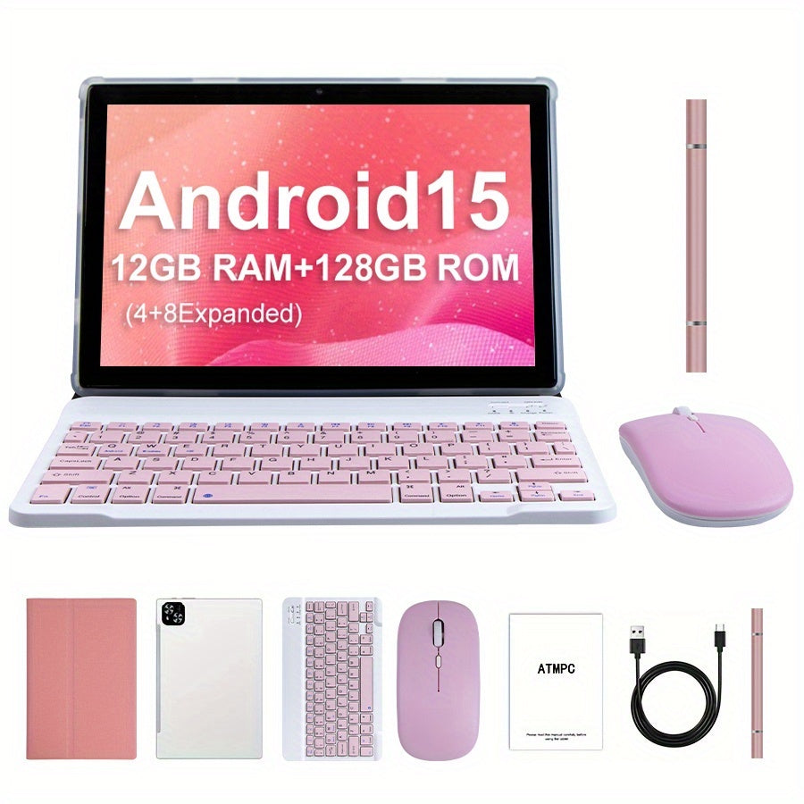 جهاز لوحي ATMPc 10.1 بوصة بنظام أندرويد 15، 2 في 1 مع لوحة مفاتيح وفأرة وقلم - ذاكرة وصول عشوائي قابلة للتوسعة 12 جيجابايت، ذاكرة تخزين 128 جيجابايت، معالج 8 نواة، شاشة IPS بدقة 1280x800 عالية الدقة، واي فاي 5G، غطاء حماية من السقوط (لونان)، جهاز إنتاجي،