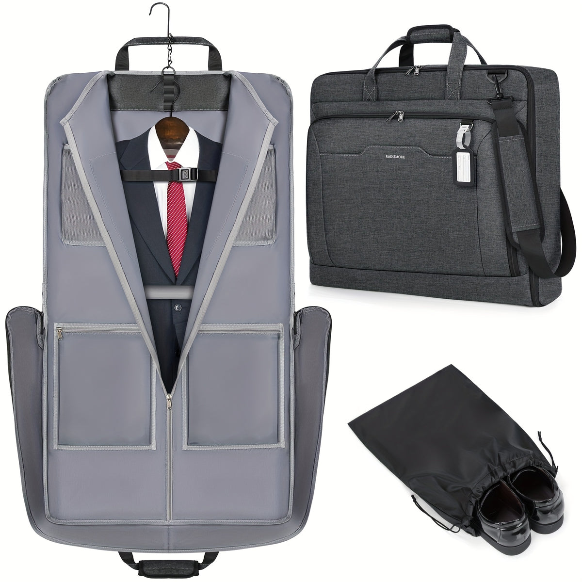 حقيبة ملابس السفر RAINSMORE، حقيبة ملابس قابلة للحمل، حقيبة ملابس السفر للأعمال مع حقيبة حذاء وحزام كتف، حقيبة سفر قابلة للطي للرجال والنساء، أسود