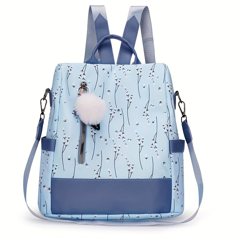 حقيبة ظهر نسائية مطبوعة بنقشة الزهور ، حقيبة كتف بومبوم ديكور ، حقيبة مدرسية للسفر مضادة للسرقة