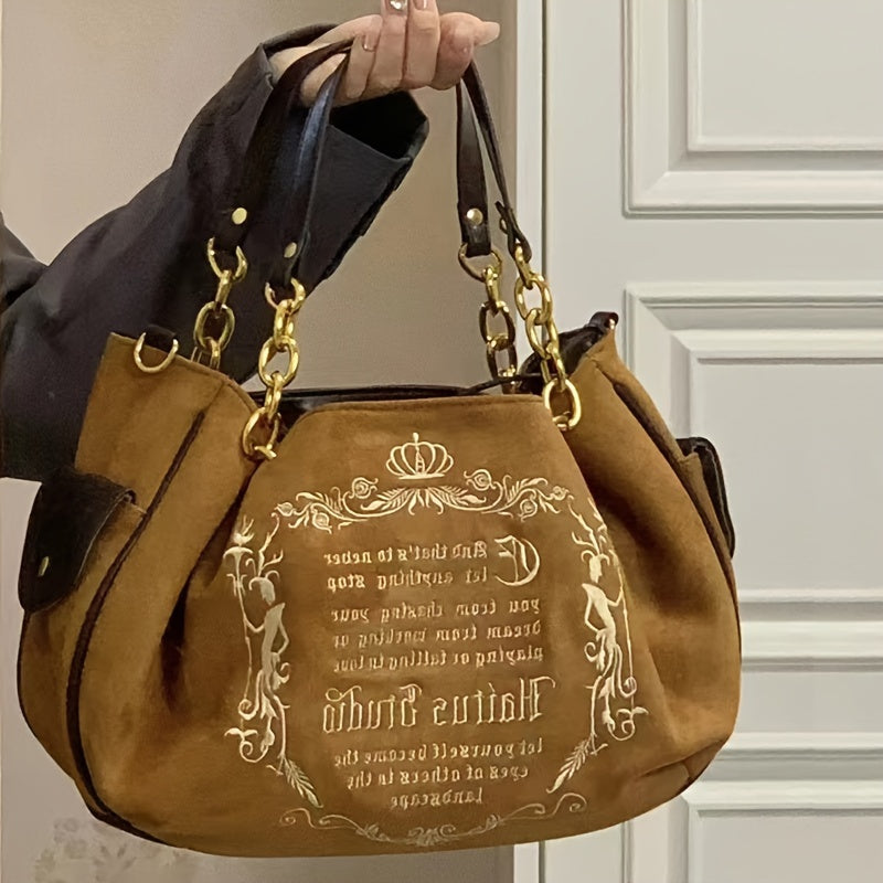 حقيبة كبيرة الحجم من القماش الناعم بتصميم قوطي عتيق مع سلسلة حزام وحقيبة يد جديدة لعام 2024 بتصميم أوروبي من القماش السميك الجميل وحقيبة كتف واحدة للعديد من الطرق للحمل