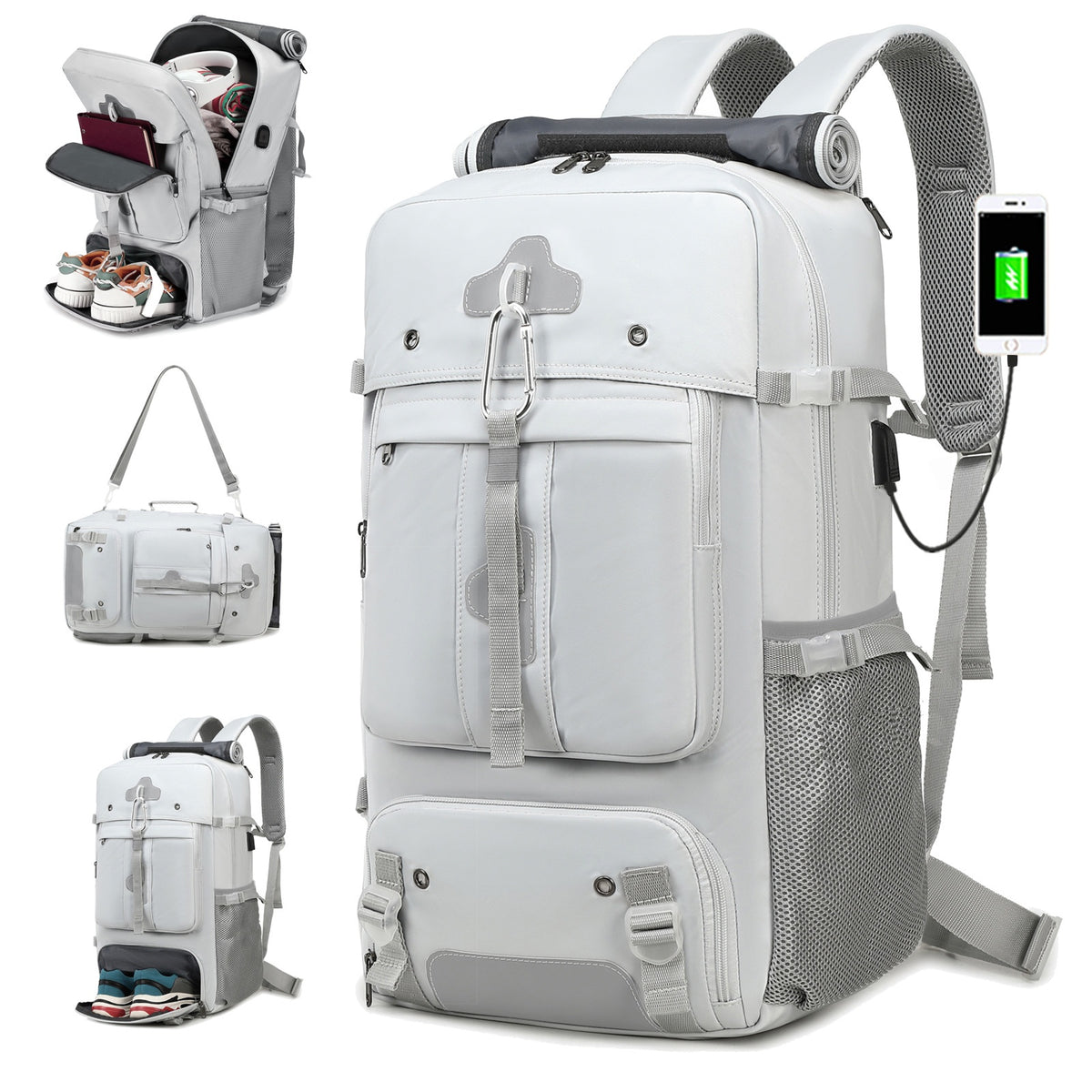 حقيبة سفر معتمدة من ENOSHI مع حجرة للأحذية وغطاء لابتوب 43.94 سم - منفذ شحن USB، أحزمة قابلة للتعديل، جيوب شبكية - حقيبة رياضية وأعمال متينة من البوليستر للرجال والنساء (رمادي فاتح)، أجزاء عملية، خياطة مقواة، مثالية للمسافرين اليوميين