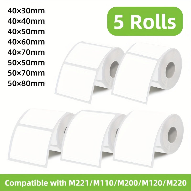 5 لفات من ملصقات الستيكر البيضاء، طبعات ورقية ذاتية اللصق، أحجام من 40 مم إلى 50 مم، مناسبة للأعمال، المكتب، العنوان، التوزيع، المنزل، الباركود، الملابس، الديكور، DIY، استخدام متعدد، متوافق مع M221/M110/M200/M120/M220/P50/طابعة ملصقات محمولة