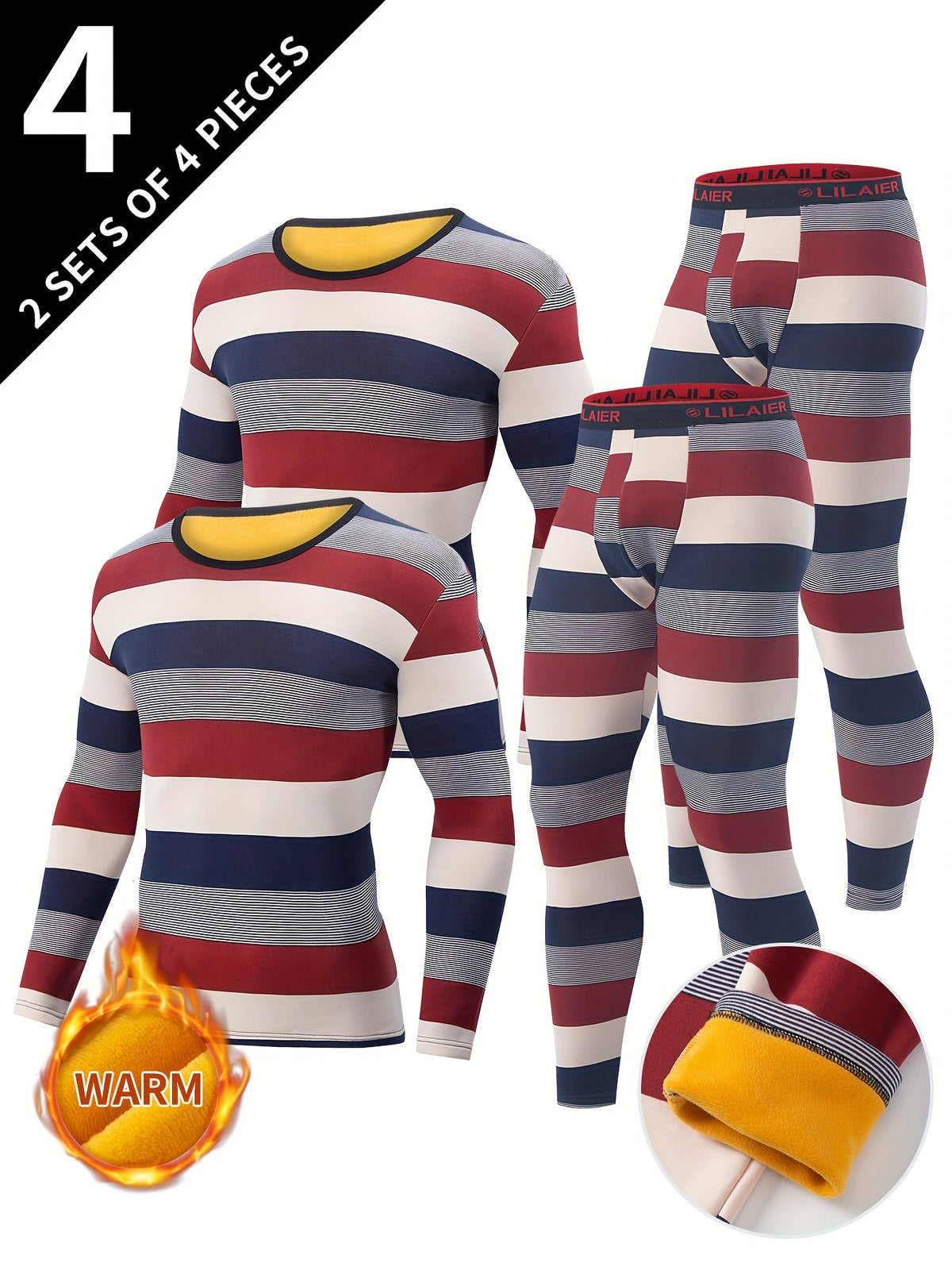 طقم ملابس داخلية حرارية للرجال من 4 قطع، بنطلونات للخريف والشتاء، طقم ملابس داخلية بياقة دائرية