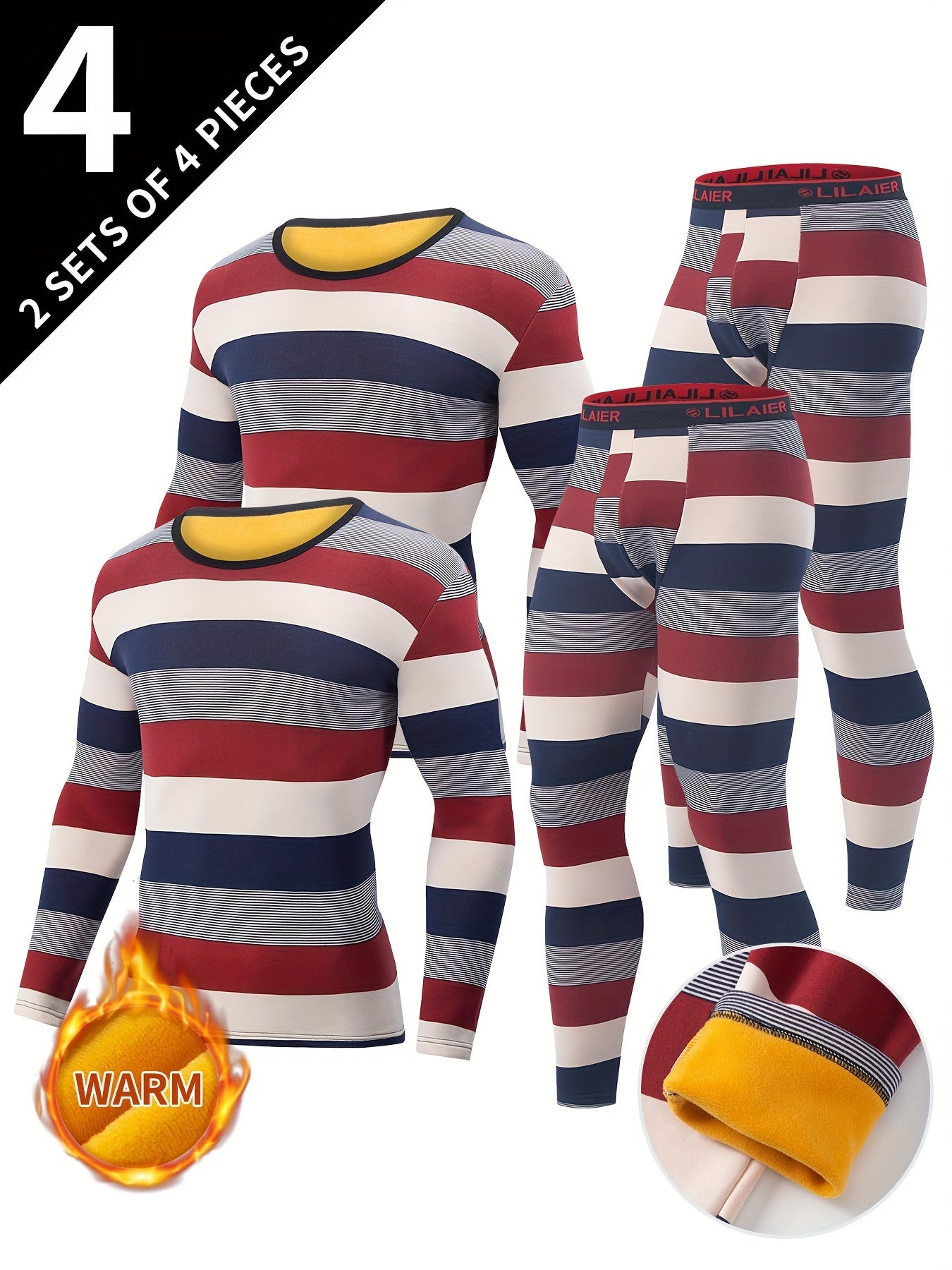 طقم ملابس داخلية حرارية للرجال من 4 قطع، بنطلونات للخريف والشتاء، طقم ملابس داخلية بياقة دائرية