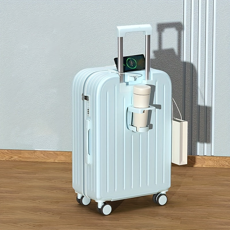 حقيبة سفر متعددة الوظائف بحجم 18 بوصة، حقيبة ترولي بسعة كبيرة بتصميم بسيط مع حامل أكواب وخطاف جانبي ومنفذ USB (بدون كابل بيانات) مصنوعة من مادة ABS مقاومة للسقوط، مناسبة للحقائب الصغيرة للسفر