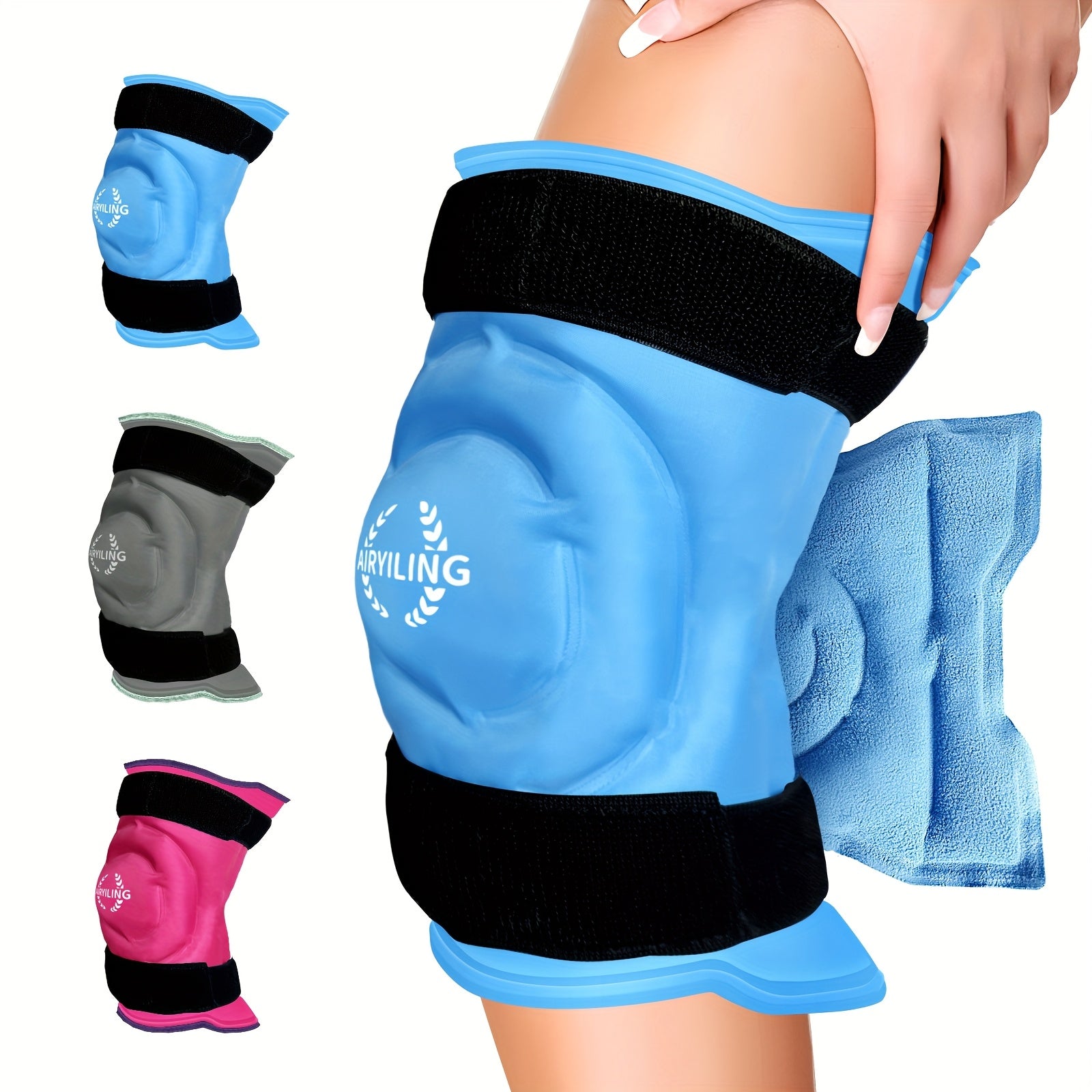 حزمة جل مرنة للركبة، الظهر، الكتف، المرفق والكاحل والساق - تصميم مريح مع أحزمة، يخفف الالتهاب وتشنج العضلات، 4 ألوان (أزرق/رمادي/وردي/أسود)، كبسولة تبريد للعضلات والعظام، لفافة ملائمة ومثبتة، سطح غير قابل للانزلاق