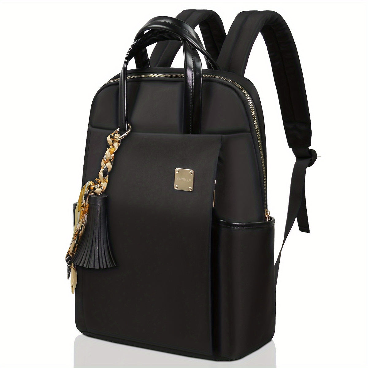 حقيبة ظهر أنيقة للنساء بسعة كبيرة للحواسيب المحمولة - حقيبة يومية نايلون كاجوال للأعمال مع عدة أقسام، أحزمة قابلة للتعديل وشرابة سحر في الألوان الكاكي/الأسود/البيج، تخزين الحواسيب المحمولة | تصميم أنيق | أقسام عملية