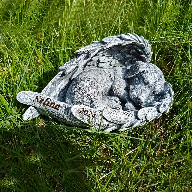 حجر تذكاري محفور مخصص بتصميم ملاك نائم كلب - تذكار راتنجي شخصي للحيوان الأليف مع الاسم والتاريخ - هدية تعزية صادقة لفقدان القطة أو الكلب، تذكار الحيوان الأليف