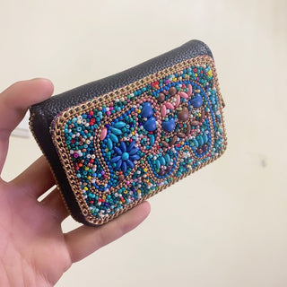 حامل بطاقة الائتمان النسائية، محفظة بسحاب أنيق من حبيبات، حافظة بطاقات تخزين صغيرة من الجلد الصناعي المزيف بنمط زهور حيوانات برية، نمط قبلي، يمكن غسلها يدويًا - تخزين بطاقة آمن|حافظة بطاقة زخرفية|غلق بسحاب