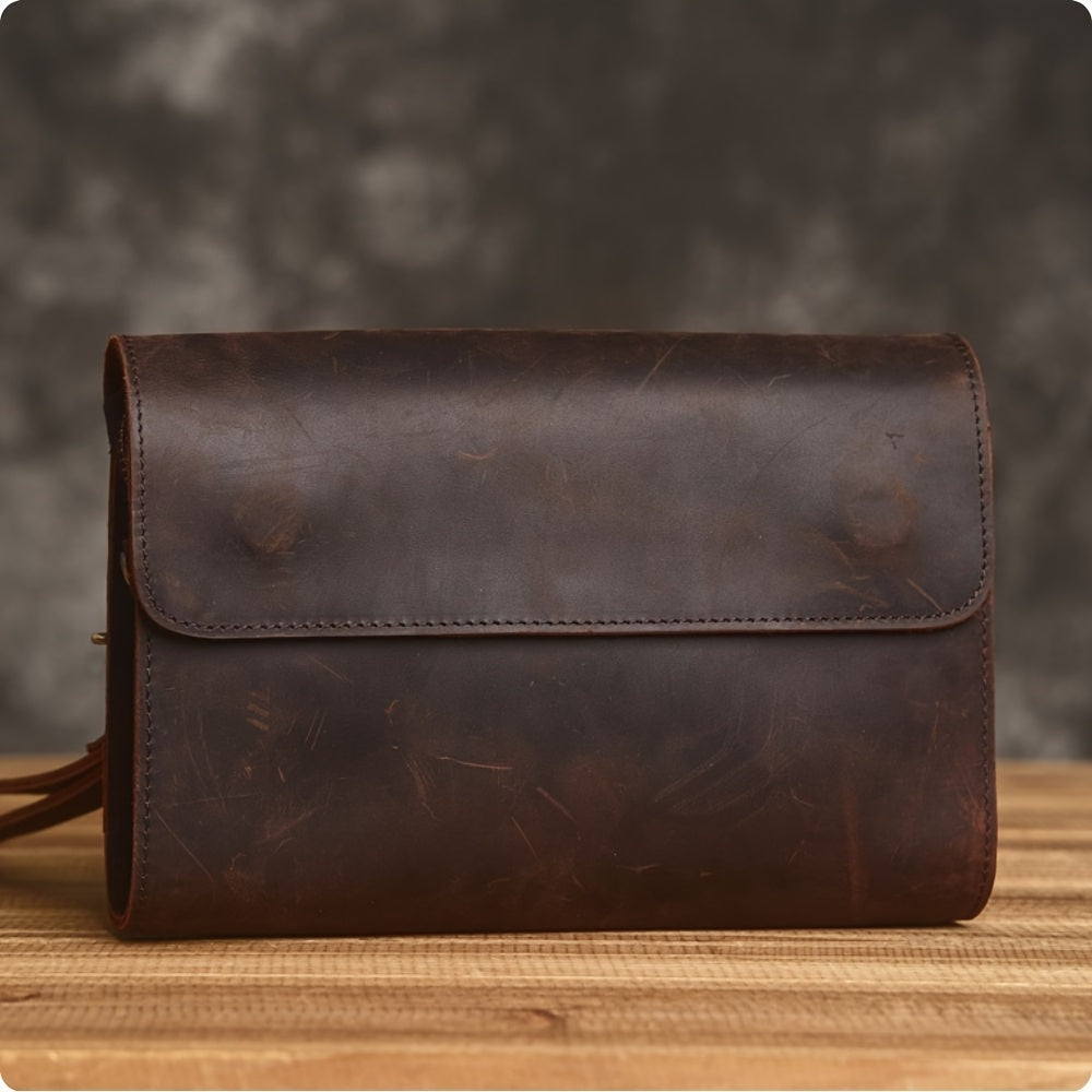 حقيبة يد رجالية من الجلد الطبيعي - جلد البقر البني العتيق مع عدة أقسام، متينة وأنيقة للتنقل اليومي، العمل، أو النزهات غير الرسمية، حقيبة يد يومية | حقيبة جلدية عتيقة | حقيبة بمقبض قوي