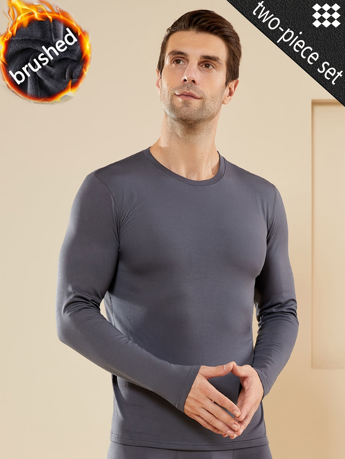 2-باكك قمصان طويلة الأكمام للرجال في فصل الشتاء، قمصان ذات أكمام طويلة وطبقة أساسية دافئة، بياقة طاقم ضيقة من نسيج البوليستر المنسوج مع بطانة من الصوف، بلوفرات ذات لون صلب متوسط التمدد للتدحرج، 95% بوليستر 5% إلكستان، 220 جرام لكل متر، سميكة