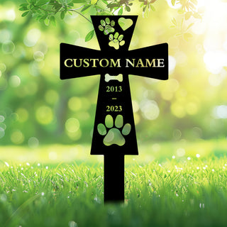 【بناء متين】 حامل حديقة تذكاري معدني قابل للتخصيص للحيوانات الأليفة، صليب بصمة كف الكلب الشخصي مع الاسم والتاريخ، ديكور خارجي متين للفناء، تذكار تحية للحيوان الأليف المتوفى المحبوب، ديكور تذكاري للحيوانات الأليفة | لافتة شخصية للحيوانات الأليفة | معدن مقاو
