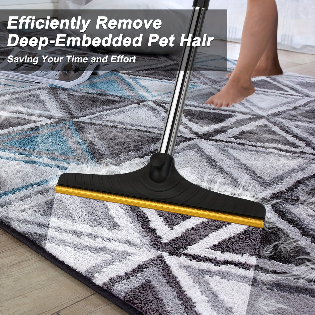 ممسحة إزالة شعر الحيوانات الأليفة قابلة لإعادة الاستخدام بمقبض طويل 60 بوصة - مكنسة متطورة لإزالة الوبر والفراء من السجاد والسجادة والأرائك - أداة فعالة لتنظيف الأثاث بأسنان معدنية | أداة إزالة الشعر المتأصل بعمق