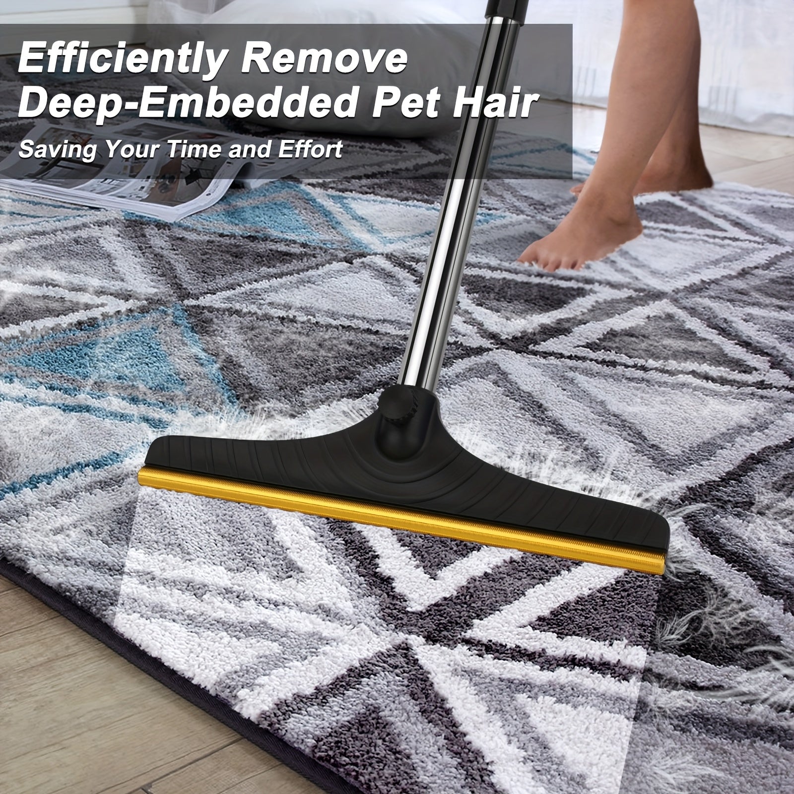 ممسحة إزالة شعر الحيوانات الأليفة قابلة لإعادة الاستخدام بمقبض طويل 60 بوصة - مكنسة متطورة لإزالة الوبر والفراء من السجاد والسجادة والأرائك - أداة فعالة لتنظيف الأثاث بأسنان معدنية | أداة إزالة الشعر المتأصل بعمق