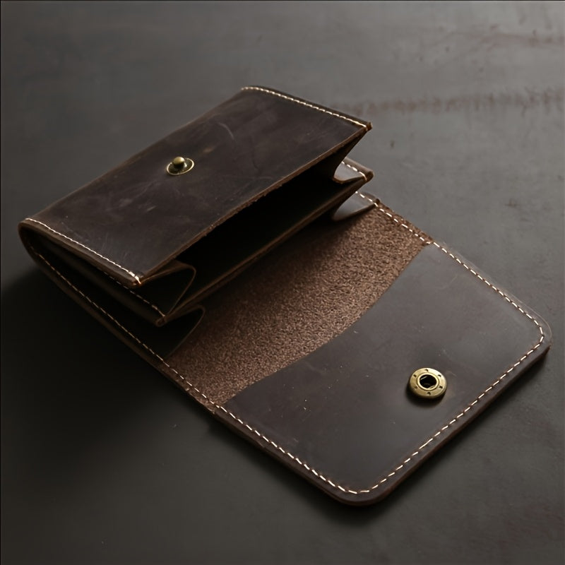 محفظة جلدية جلدية كلاسيكية للرجال - تصميم مدمج ثنائي الطي مع محفظة عملات معدنية، فتحات بطاقات وبطاقة هوية، بني داكن