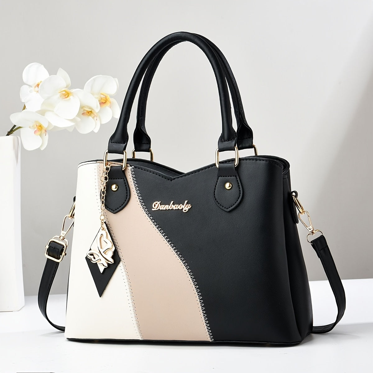 حقيبة يد أنيقة بتصميم ثنائي اللون - تصميم متعدد الألوان مع معدات ذهبية، غطاء صناعي، وحزام كتف قابل للتعديل - مثالية للاستخدام اليومي، حقيبة صغيرة