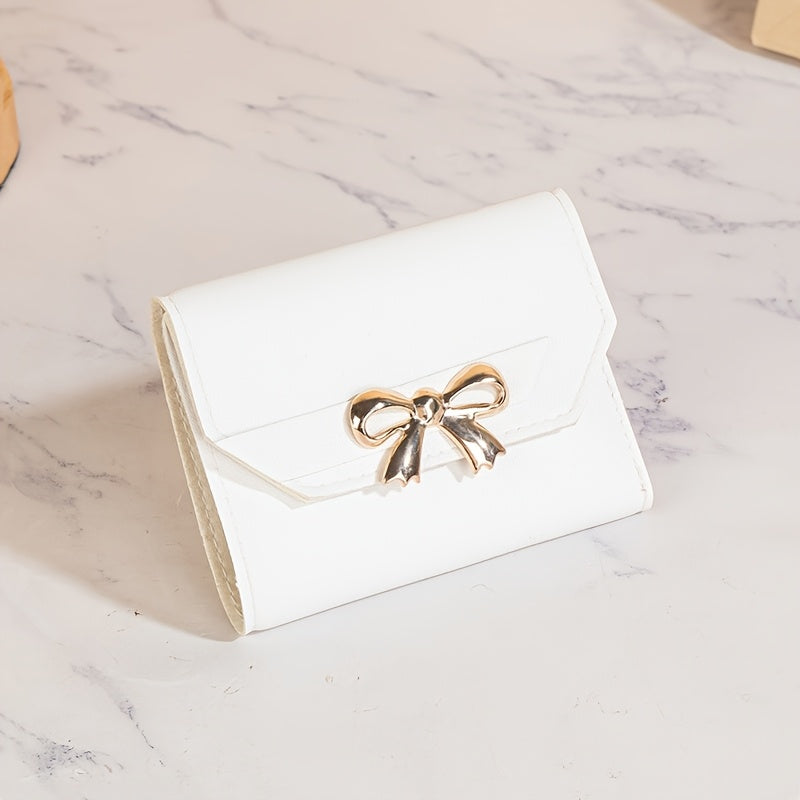 محفظة نسائية أنيقة مع لمسة فيونكة - حامل بطاقات مدمج، تصميم أبيض أنيق مع قفل بلون ذهبي، مثالي للاستخدام اليومي، إكسسوارات المحفظة