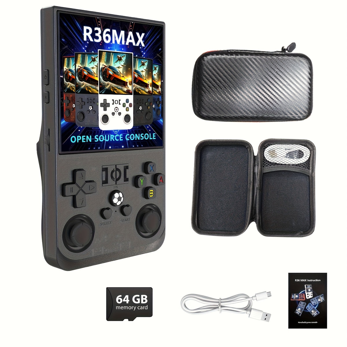 جهاز ألعاب محمول كلاسيكي R36MAX بشاشة IPS مقاس 10.16 سم - ذاكرة داخلية بسعة 64 جيجابايت، بطارية قابلة للشحن تدوم طويلاً، تصميم صغير وخفيف، تجربة ألعاب كلاسيكية، نظام تشغيل لينكس مفتوح المصدر، دعم ألعاب 8-64 بت، سماعات ستيريو، عصابات مزدوجة، أزرار ABXY منف