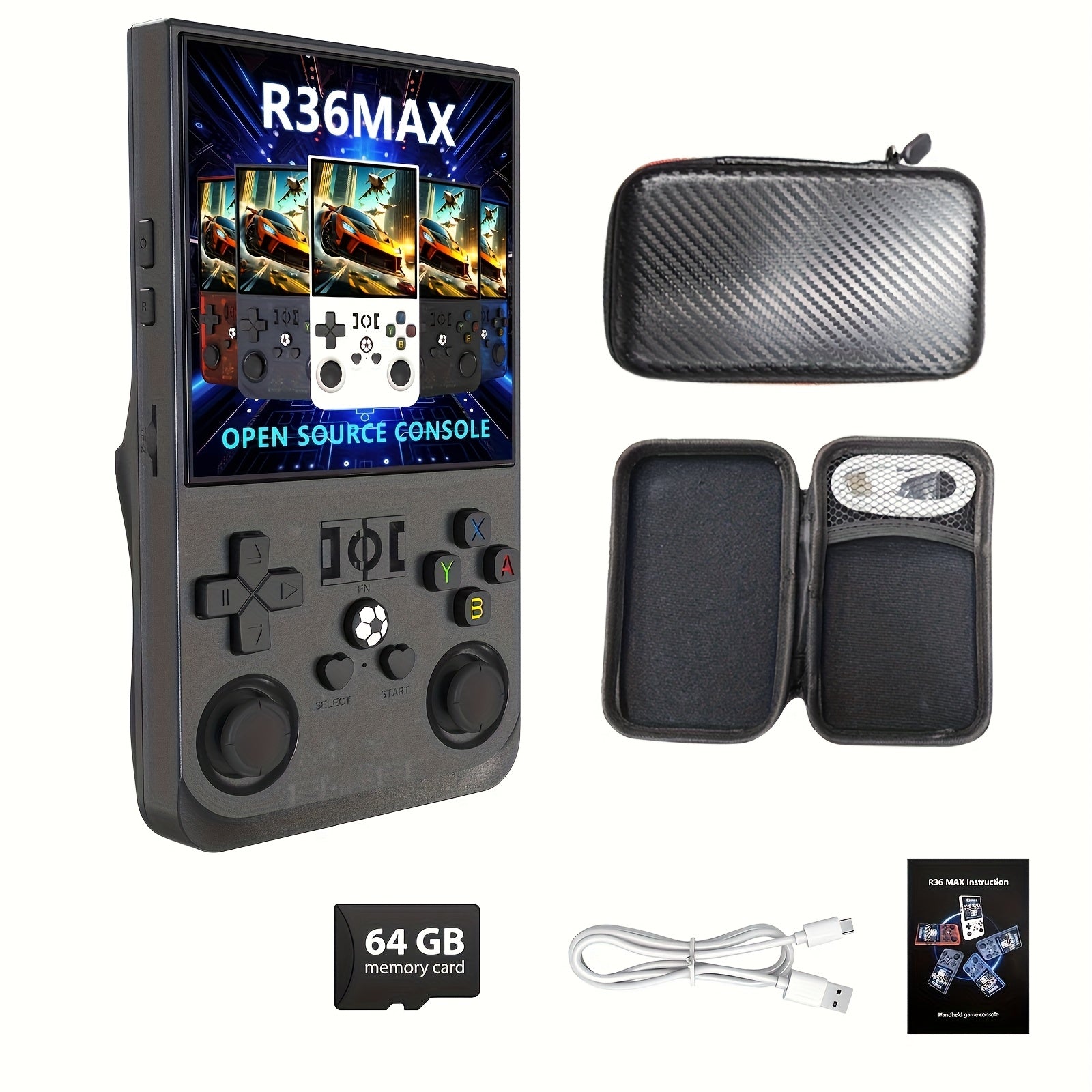 جهاز ألعاب محمول كلاسيكي R36MAX بشاشة IPS مقاس 10.16 سم - ذاكرة داخلية بسعة 64 جيجابايت، بطارية قابلة للشحن تدوم طويلاً، تصميم صغير وخفيف، تجربة ألعاب كلاسيكية، نظام تشغيل لينكس مفتوح المصدر، دعم ألعاب 8-64 بت، سماعات ستيريو، عصابات مزدوجة، أزرار ABXY منف