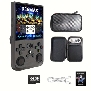جهاز ألعاب محمول كلاسيكي R36MAX بشاشة IPS مقاس 10.16 سم - ذاكرة داخلية بسعة 64 جيجابايت، بطارية قابلة للشحن تدوم طويلاً، تصميم صغير وخفيف، تجربة ألعاب كلاسيكية، نظام تشغيل لينكس مفتوح المصدر، دعم ألعاب 8-64 بت، سماعات ستيريو، عصابات مزدوجة، أزرار ABXY منف