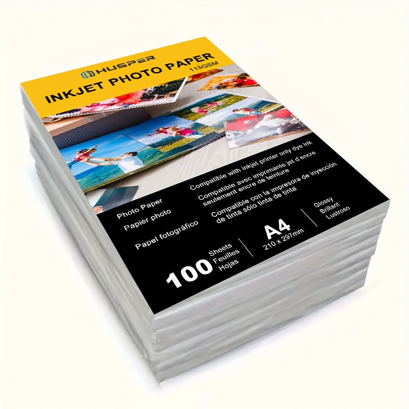 ورق طباعة HUSPER A4 100 ورقة 115 GSM بحجم (210 × 297 مم) للطابعة الصورة ورق طباعة لامع أبيض جودة الصورة ورق طباعة - لمسة عالية اللمعان