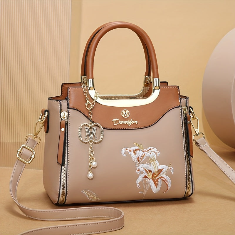 حقيبة يد نسائية أنيقة مطرزة بالزهور مع معدات ذهبية اللون، جلد صناعي أزرق، إغلاق بسحاب، حزام كتف قابل للفصل، وشرابة مزخرفة - إكسسوار أزياء متعدد الاستخدامات